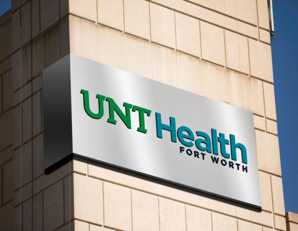 Photo of new UNT Health logo mockup for future building signage