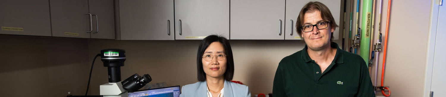 Top horizontal, narrow-cropped photo banner of UNT's Xiao Li, and Giordano Tierra