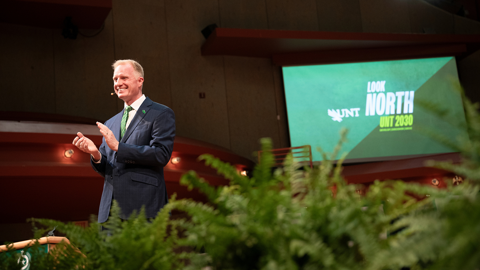 Full photo of of UNT president Harrison Keller at the 'Look North: UNT 2030' event.