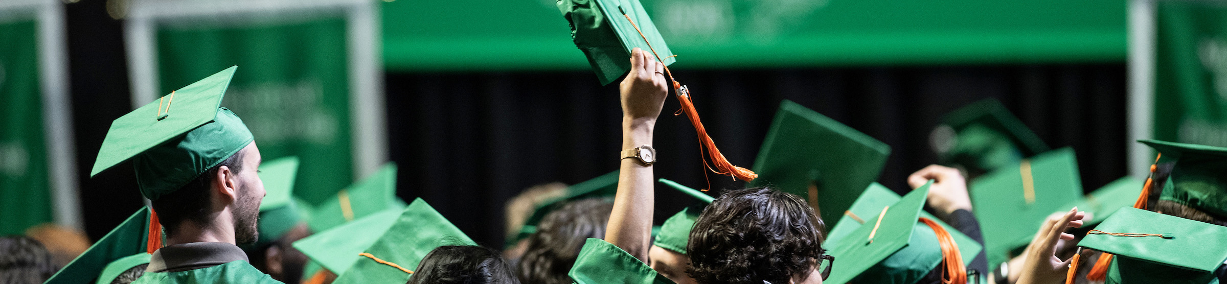 Top horizontal photo banner showing close-up of UNT students in their green graduation cap and gown