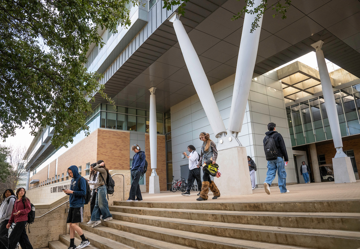 UNT students walking down steps outside the Campus's G. Brint Ryan College of Business building. Photo of students walking down steps outside UNT Campus's G. Brint Ryan College of Business building.