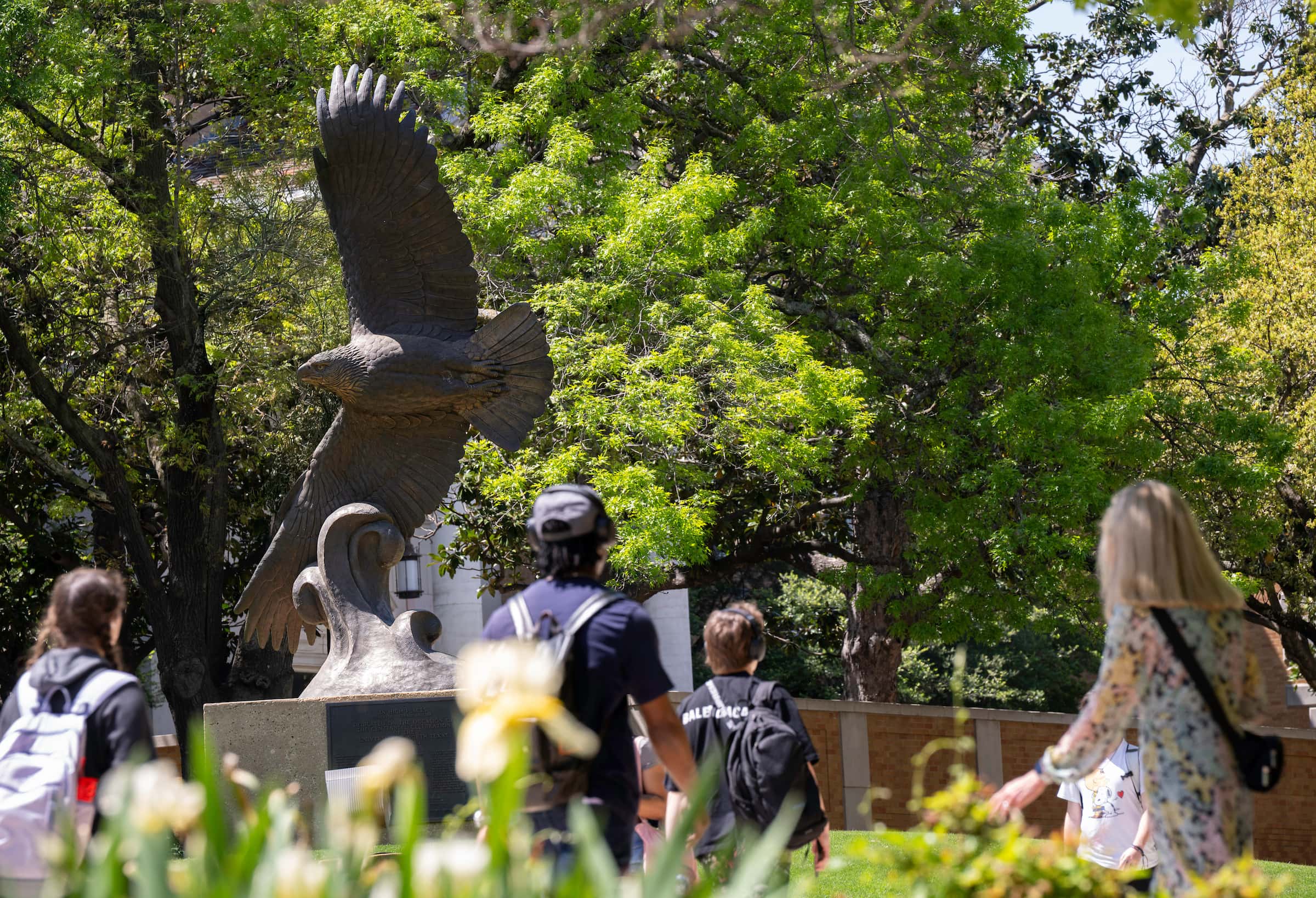 Photo of UNT students walking past the UNT Mean Green Eagle bronze statue on a sunny day surrounded by lush green trees on the Denton campus.