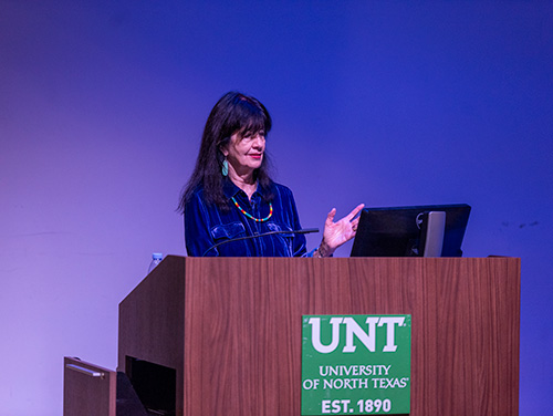 Harjo addresses attendees during her reading and Q&A session