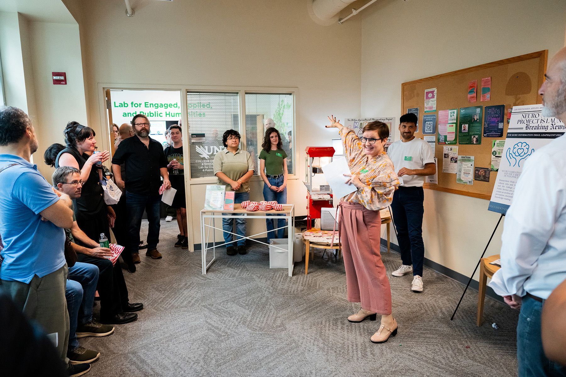 Full photo of Jennifer Wallach, UNT CLASS divisional dean of humanities and professor of history, welcomes attendees to the lab grand opening