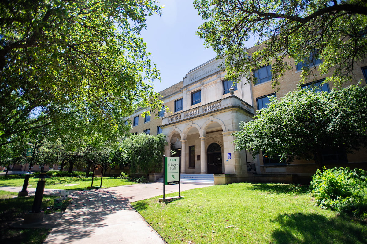 Photo of UNT’s Marquis Hall main entrance with the Global Engagement Office located inside.  