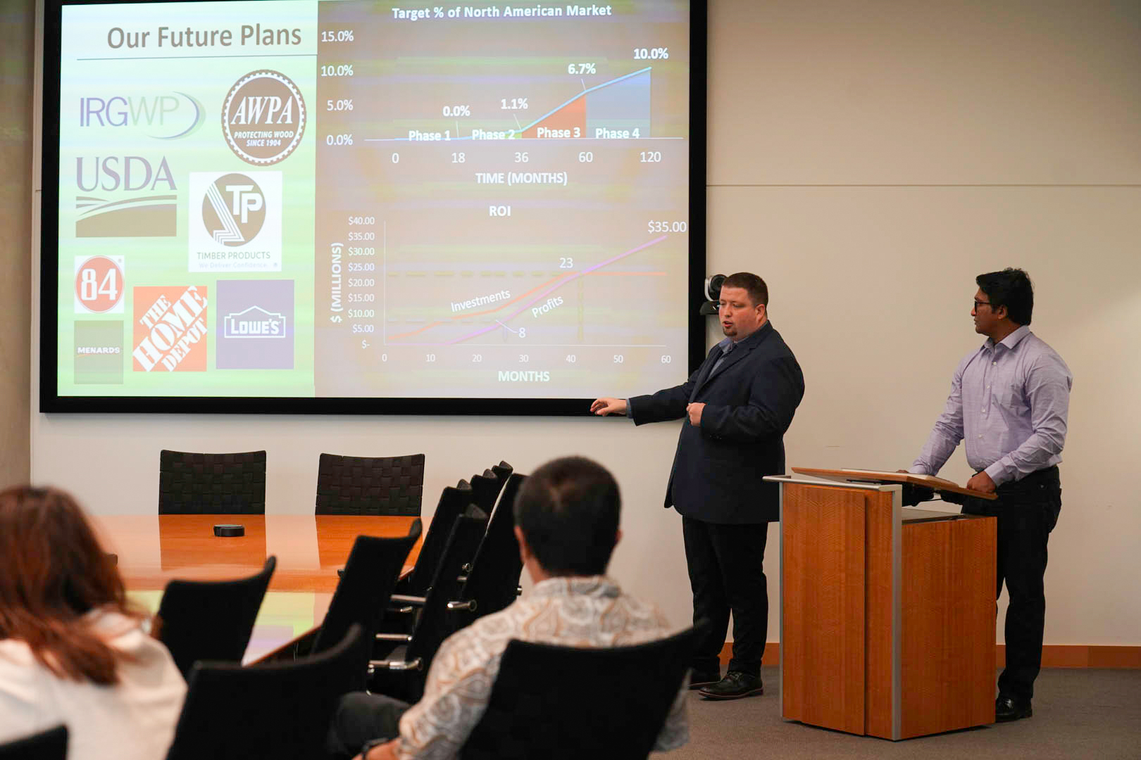 Photo of a business  a UNT student pitch with market growth and ROI projections at the Murphy Center Breakthrough Venture Competition, Denton, Texas.