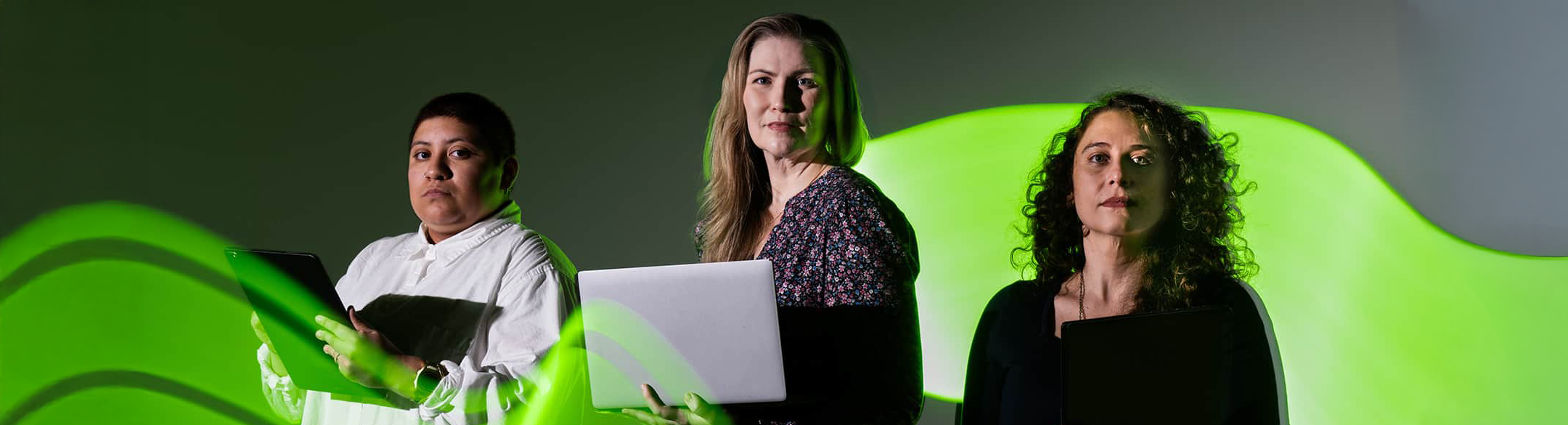Top, wide banner photo from left: UNT's Zaira Garay, undergraduate NEXUS intern; Helen Potts, professor, research and development director and founder of NEXUS; Natalia Heringer, doctoral candidate in sociology and NEXUS researcher 