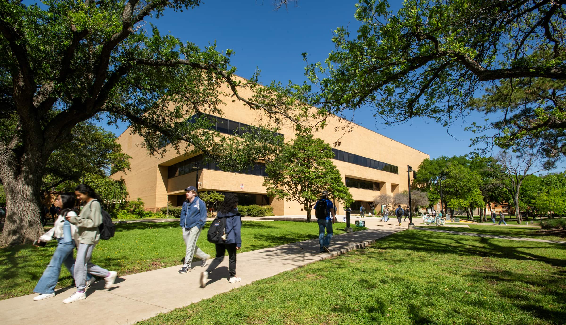 UNT students walking along a tree-lined campus path beside the Denton campus's General Academic Building (GAB) on a sunny day. Photo of UNT students walking along a tree-lined campus path beside the Denton campus's General Academic Building (GAB), a large modern academic building on a sunny day.