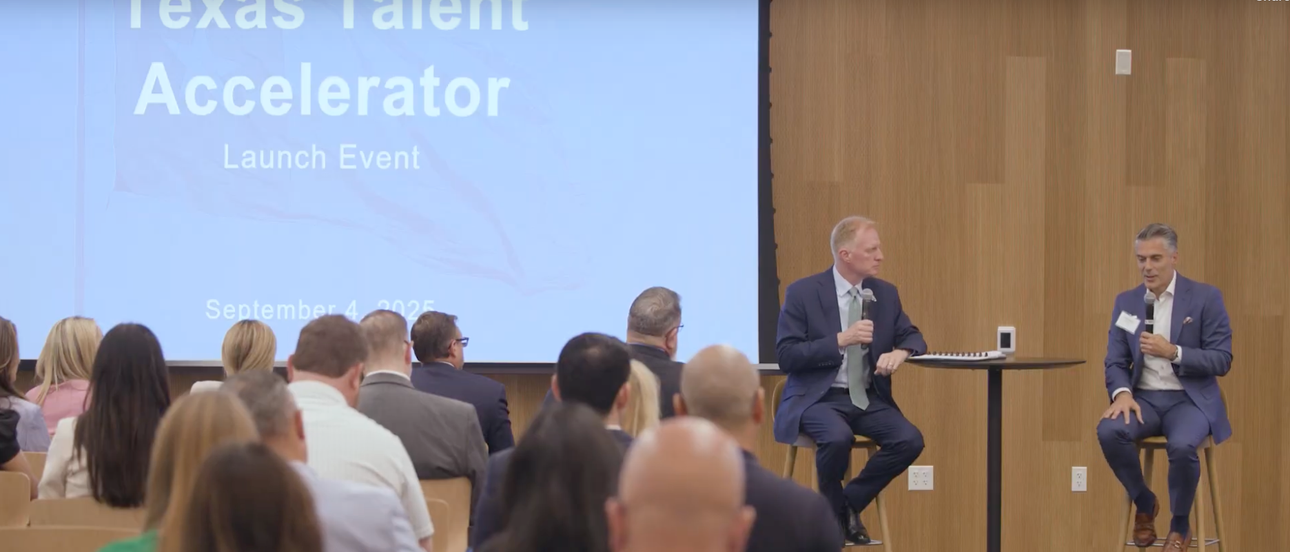 Photo of UNT President Harrison Keller, with another speaker during the Texas Talent Accelerator