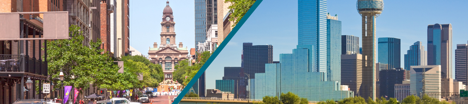 Top horizontal photo banner showing a combination of Fort Worth's downtown iconic courthouse next to Dallas's downtown recognizable Reunion Tower.