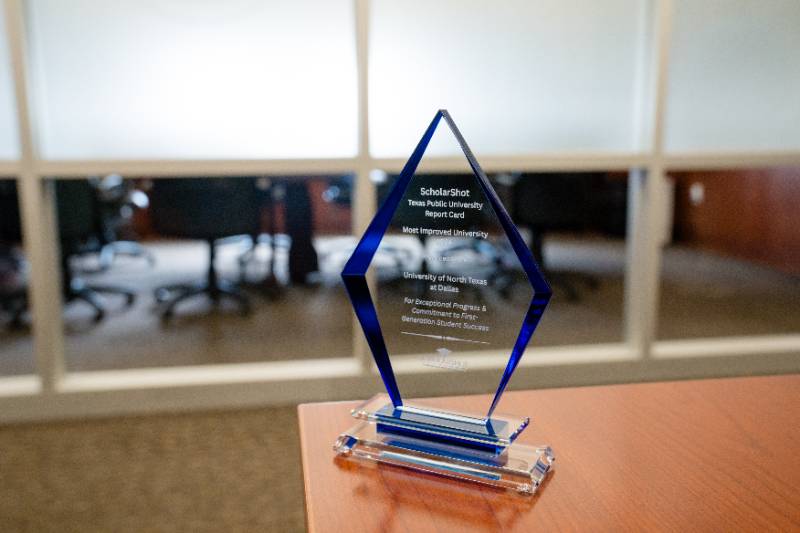 Photo of the ScholarShot Award UNT Dallas Received As Part of the 2024 Texas University Report Card 