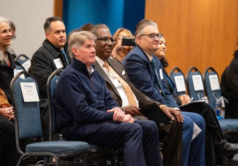 Photo of UNT System Chancellor Dr. Michael K. Williams (left) seated with Texas State Sen. Royce West and UNT Dallas's Dr. Mario Casa de Calvo, Dean of the School of Liberal Arts and Sciences