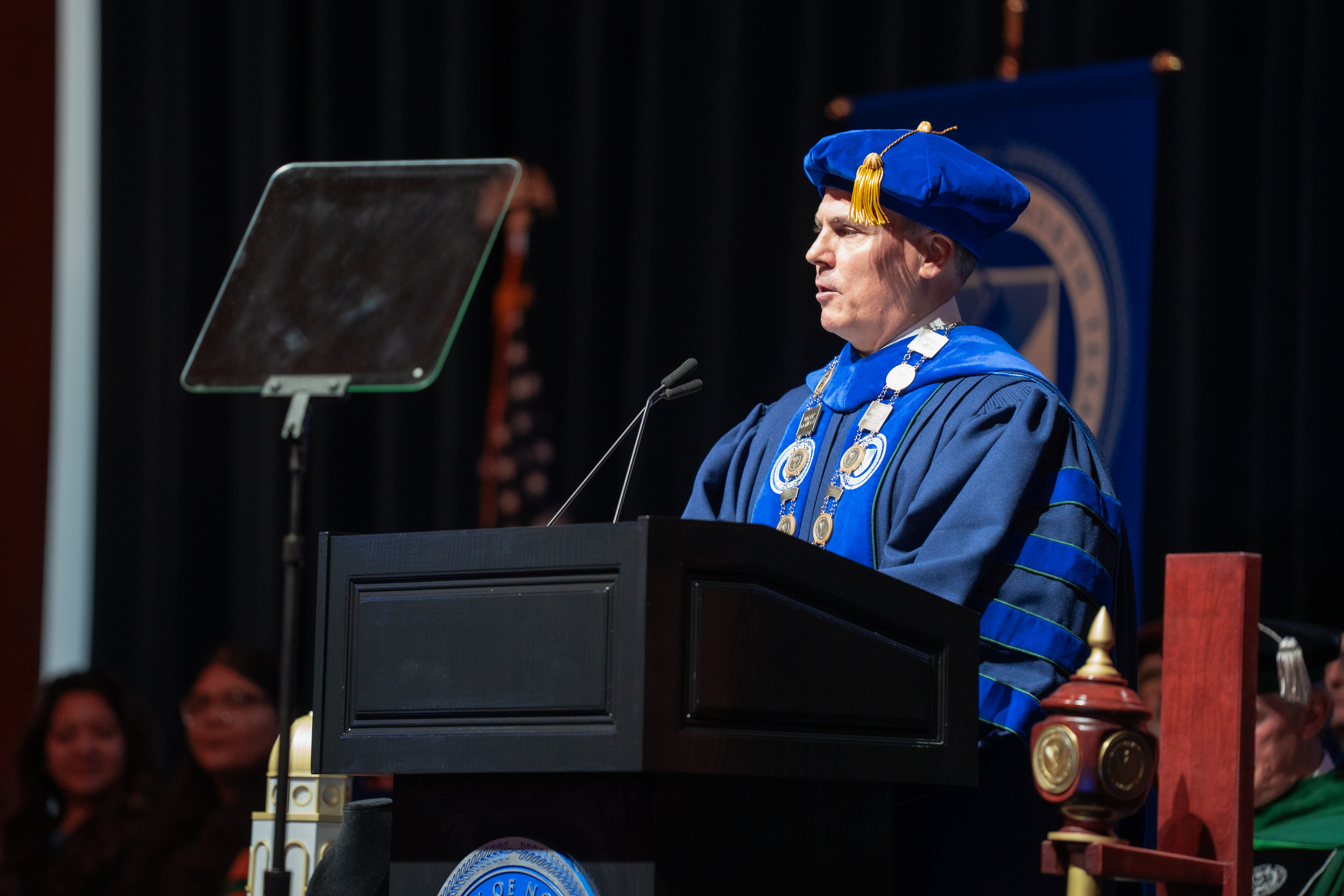 Photo of UNT Dallas president Warren von Eschenbach explains his vision for the university during his Investiture Ceremony on May 1, 2026