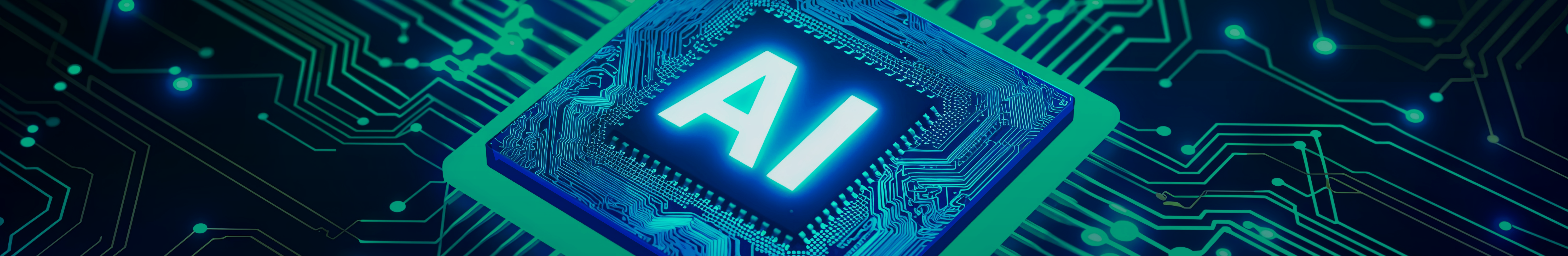 Illustrated image of an advanced CPU AI chip on a green lit circuit board, illuminated with blue lights