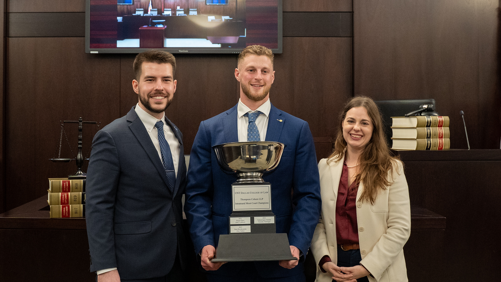 Photo of UNT Dallas College of Law's Allie Van Stean with UNT Dallas Law Students Hamilton Hayers (left) and Andrew Brown (center)