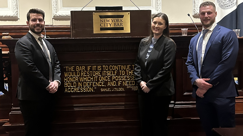 UNT Dallas College of Law 3L students Hamilton Hayers (left), Victoria Saucedo and Andrew Brown at the National Moot Court Competition Photo of UNT Dallas College of Law 3L students Hamilton Hayers (left), Victoria Saucedo and Andrew Brown at the National Moot Court Competition
