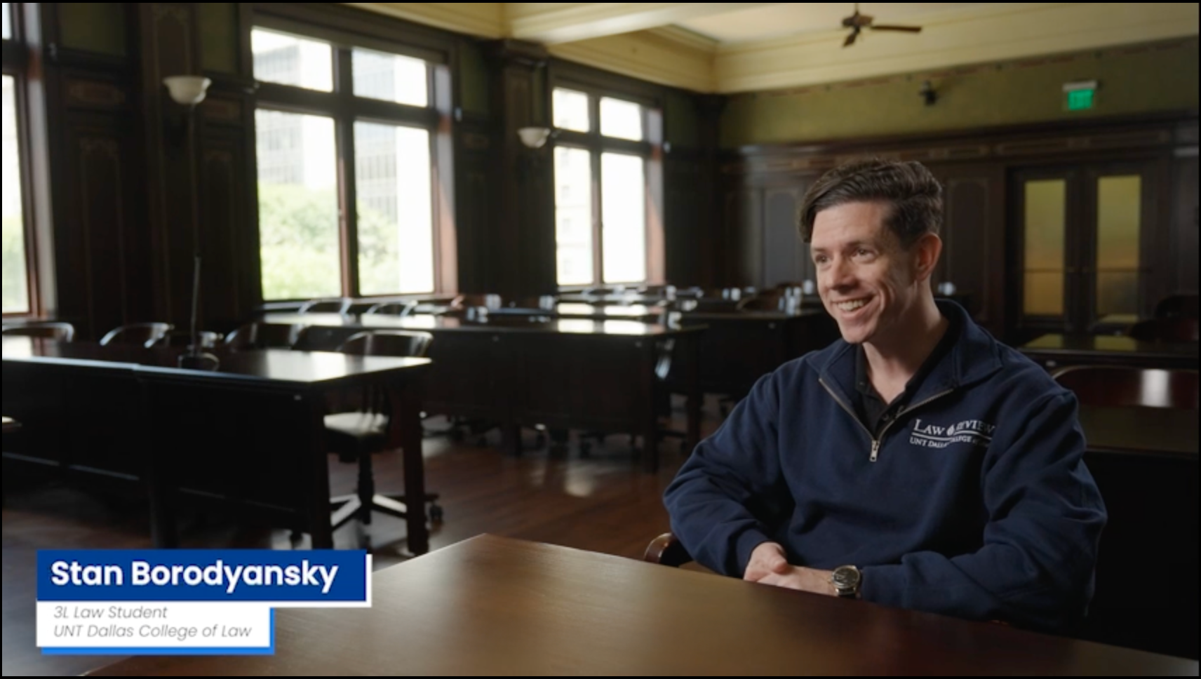 Screen capture of video Stan Borodyansky's UNT Dallas College of law video interview link