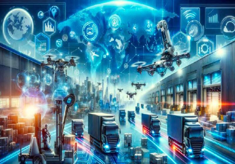 An image depicting the future of logistics including a mix of ground and air transportation innovations An image depicting the future of logistics including a mix of ground and air transportation innovations