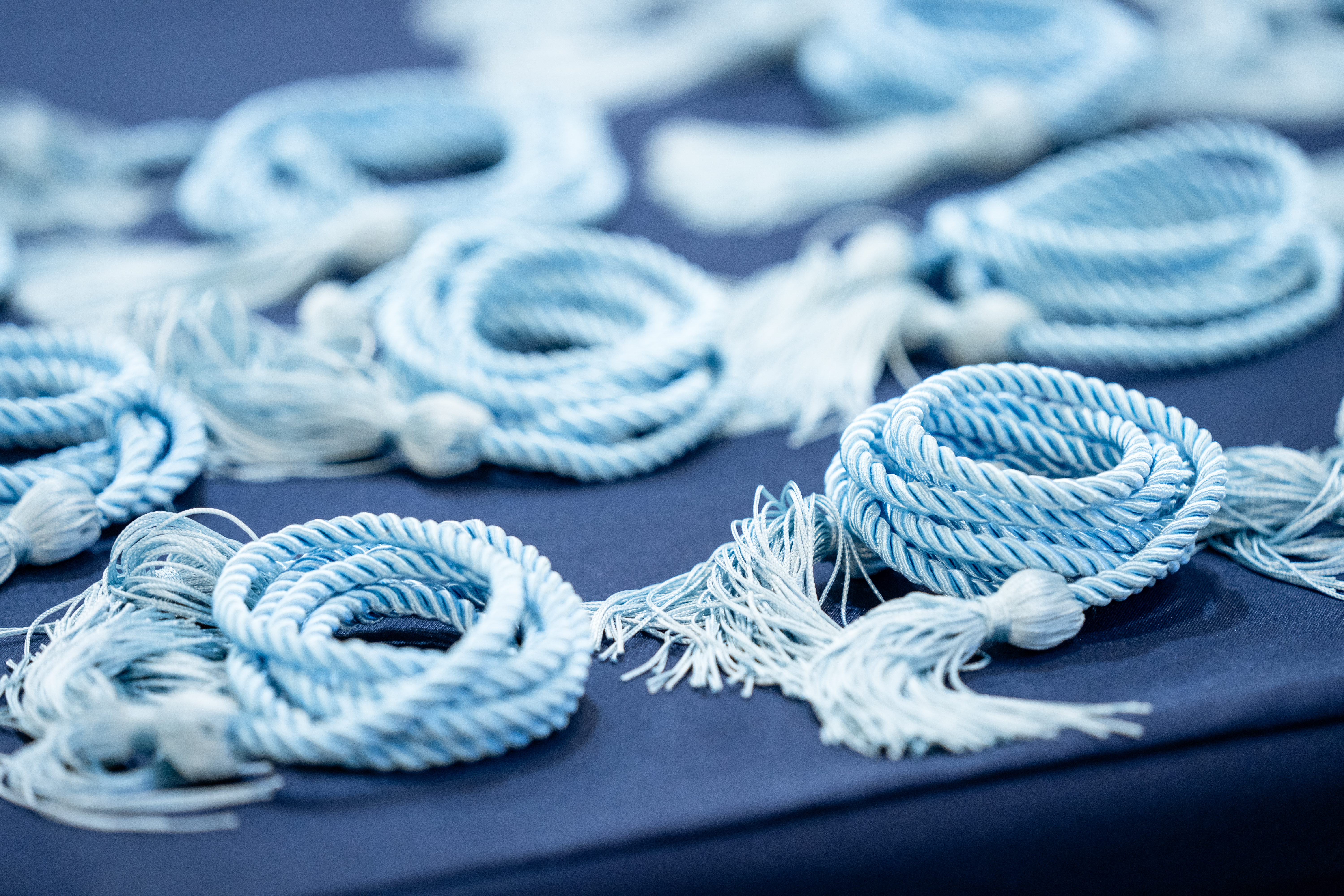 UNT Dallas School of Education graduate's special light blue cord worn at Commencement A closeup photo of the UNT Dallas School of Education graduate's special light blue cord worn at Commencement, signifying their degree.