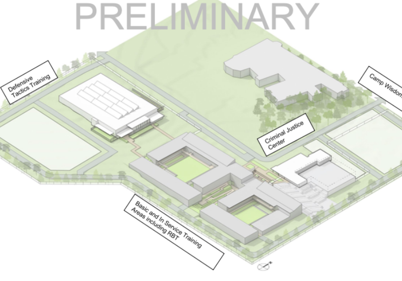 A rendering of the New Dallas Police Academy on the UNT Dallas campus (tentative design) Rendering of overlying plan show the location of the New Dallas Police Academy on the UNT Dallas campus (tentative design)
