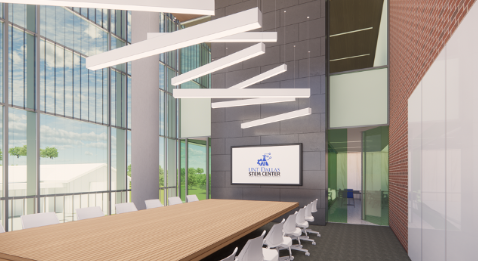 Artist's rendering shows a glass enclosed conference room with unique lighting and STEM-inspired design elements 