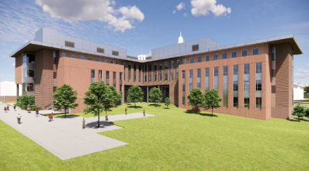 Artist's rendering's outside view of the completed UNT Dallas STEM building with extensive green areas and tall windows for lots of natural light 