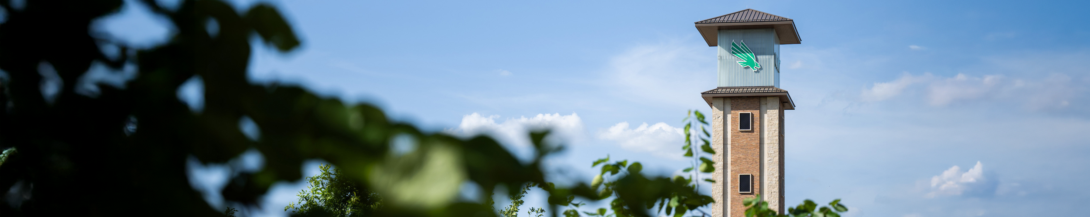 Top image banner of UNT Frisco campus tower with green eagle logo against a bright blue sky, framed by lush green foliage in the foreground. Top horizontal narrow cropped photo banner of the UNT Frisco campus tower with green eagle logo against a bright blue sky, framed by lush green foliage in the foreground.