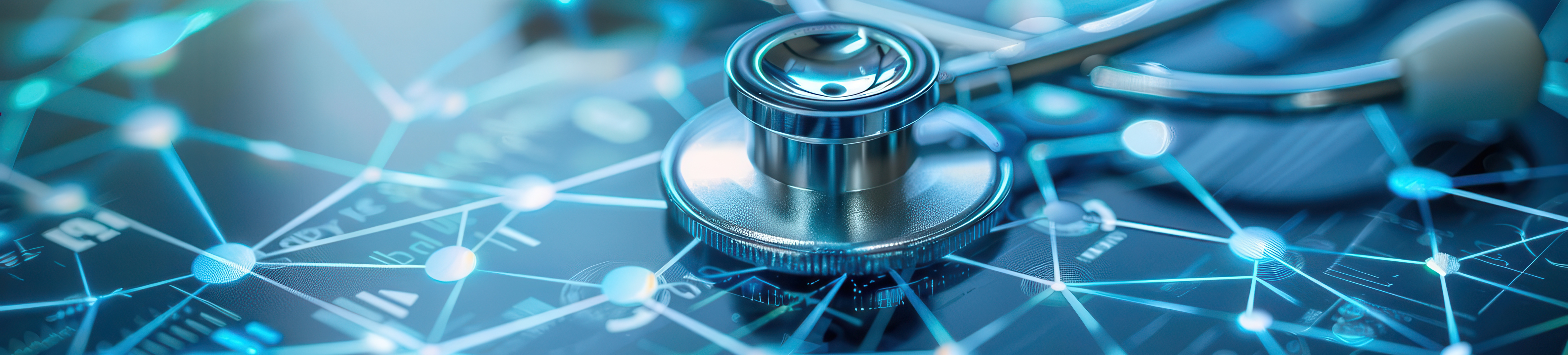 A image of a stethoscope rests on a digital touchscreen displaying interconnected data nodes, symbolizing the AI integration of healthcare and innovation.