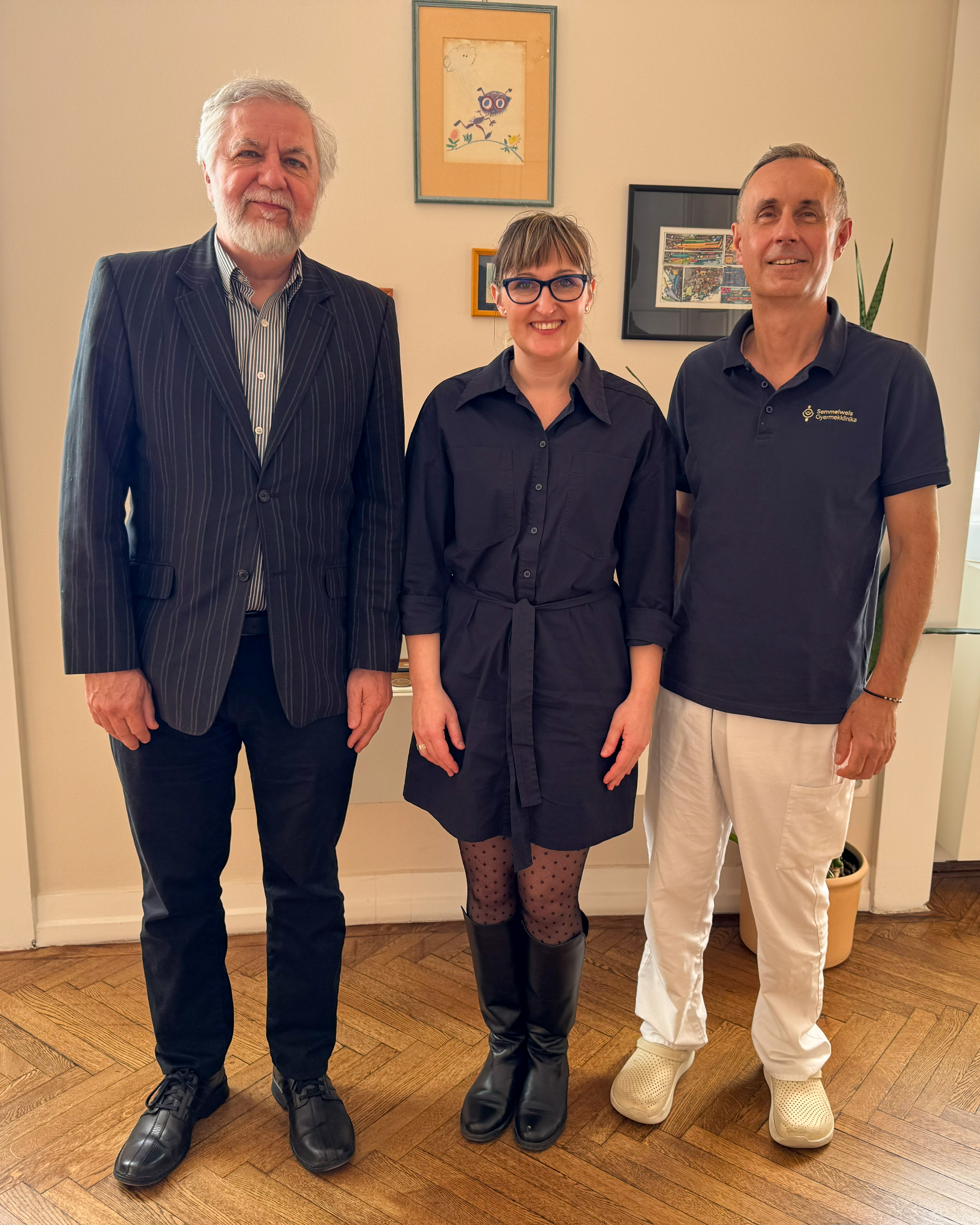 Photo of (group photo) UNT Health's Dr. Laszlo Prokai, Dr. Judit Hodrea Kis, and Dr. Attila Szabó at Semmelweis University Budapest