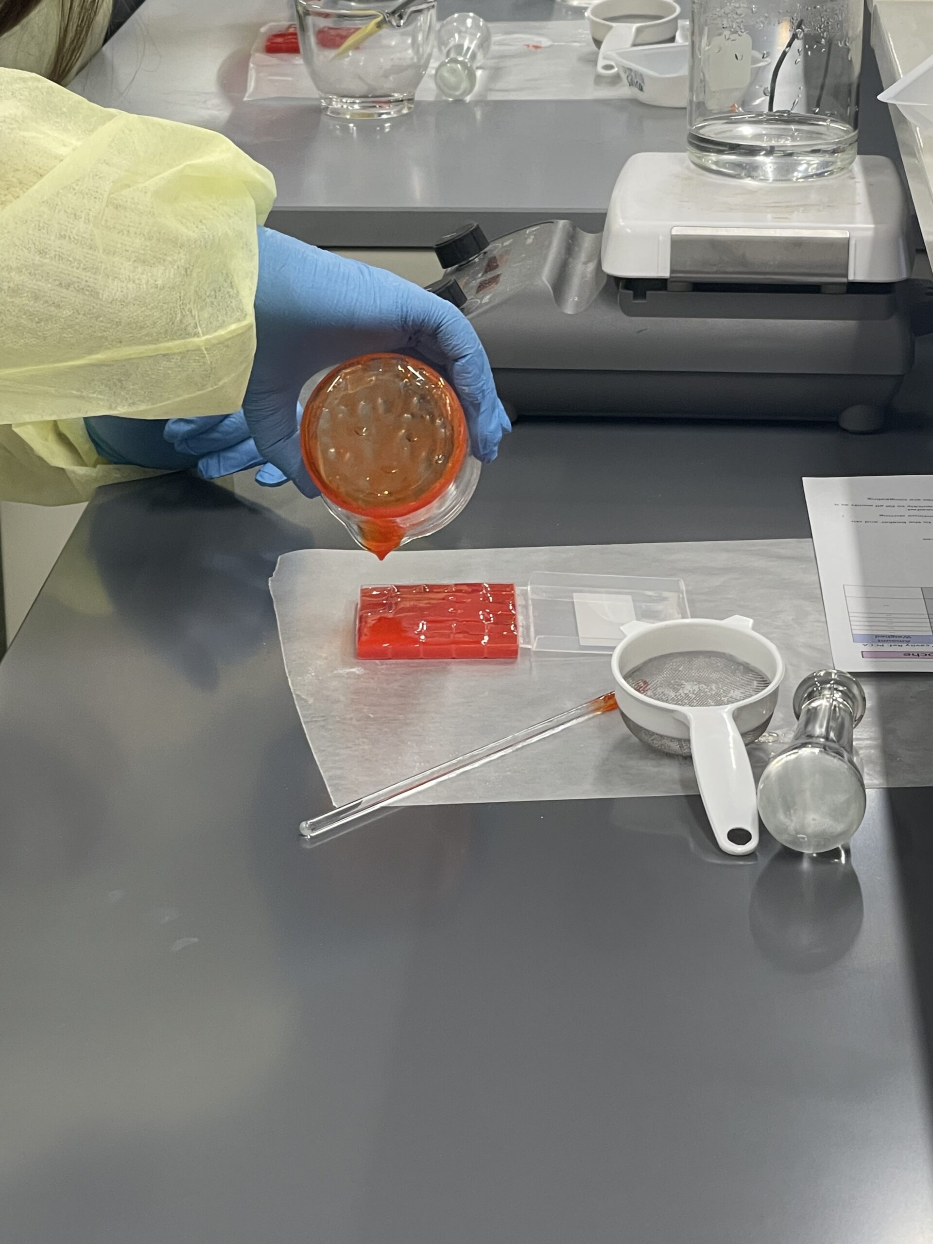 Close up of student's hand wearing disposable medical examination gloves pouring a compound mixture into a dish.