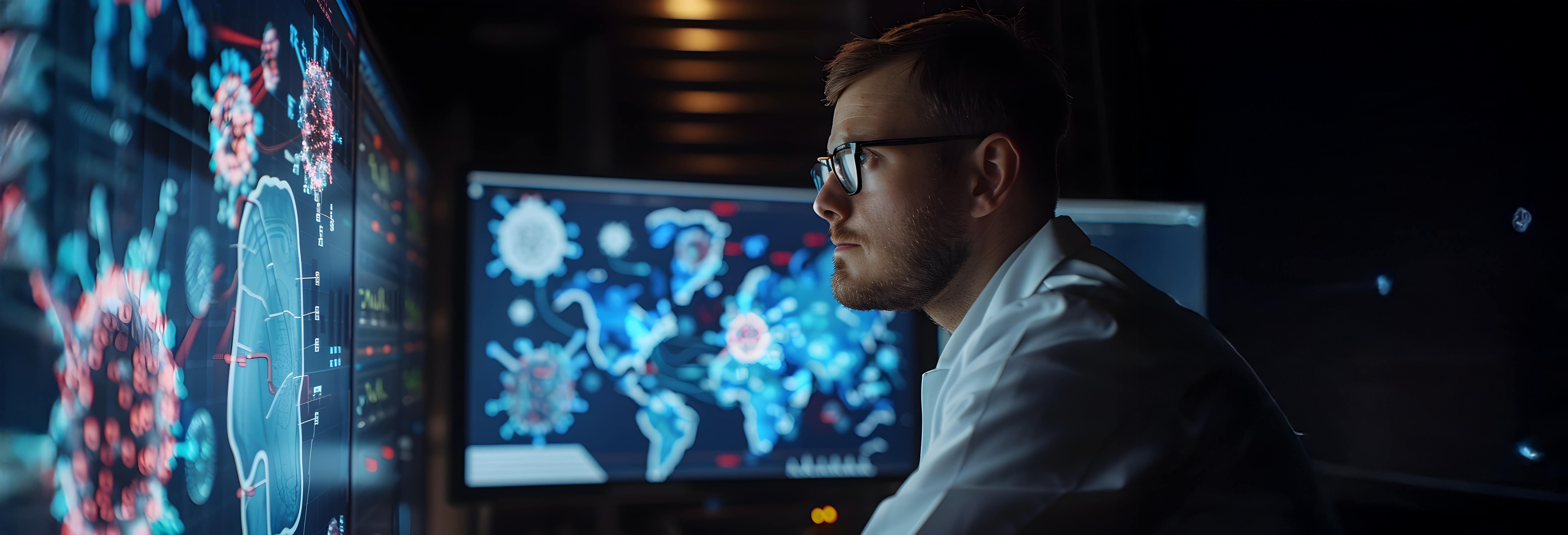 Photo of a man sitting in a dark room lit by front and side computer screens showing maps and data