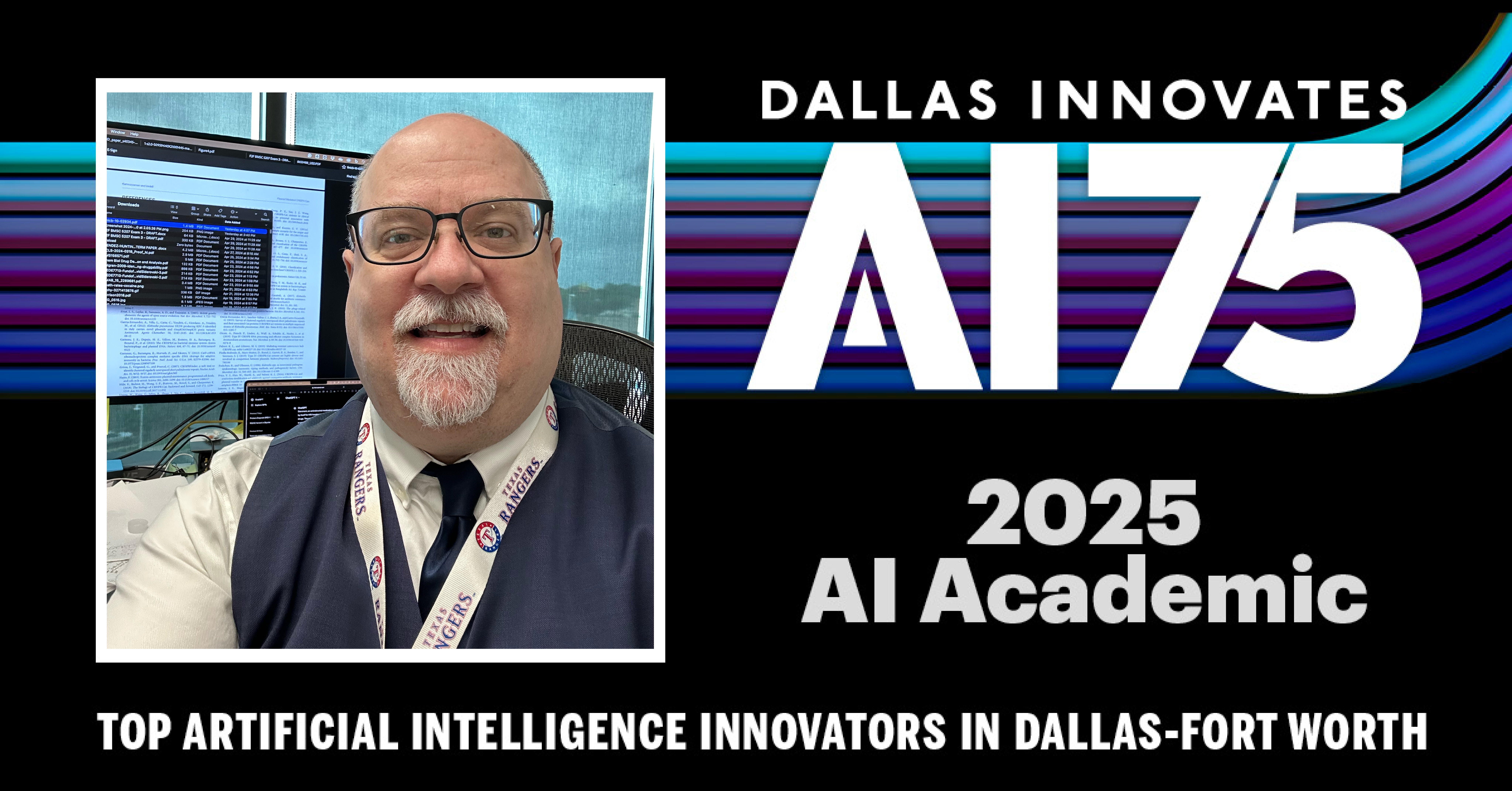 Promotional graphic banner for Dallas Innovates's top 75 leaders in artificial intelligence with a photo of UNTHSC's Dr. David Siderovski