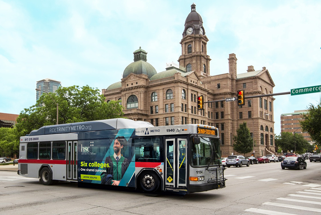 Photo of UNTHSC award-winning ad on the side of a Trinity Metro bus.