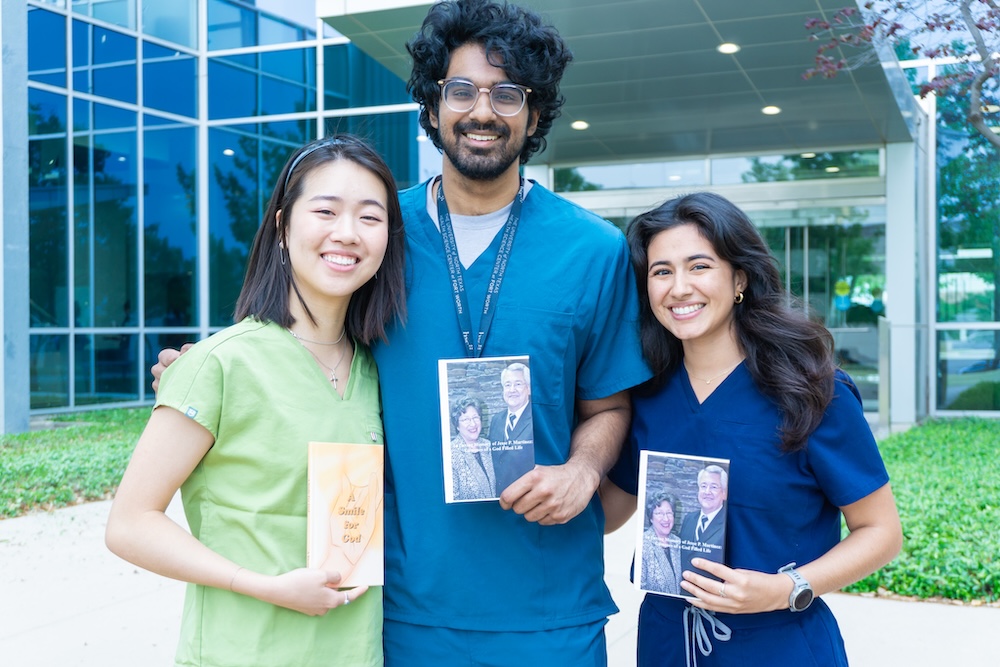 Photo of three UNTHSC TCOM students and Legacy Writers, from left to right Azelia Lau, Annish Reddy and Hannah Rey