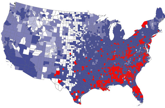 Picture of US map broken a grid of a range of 4 colors that define population density