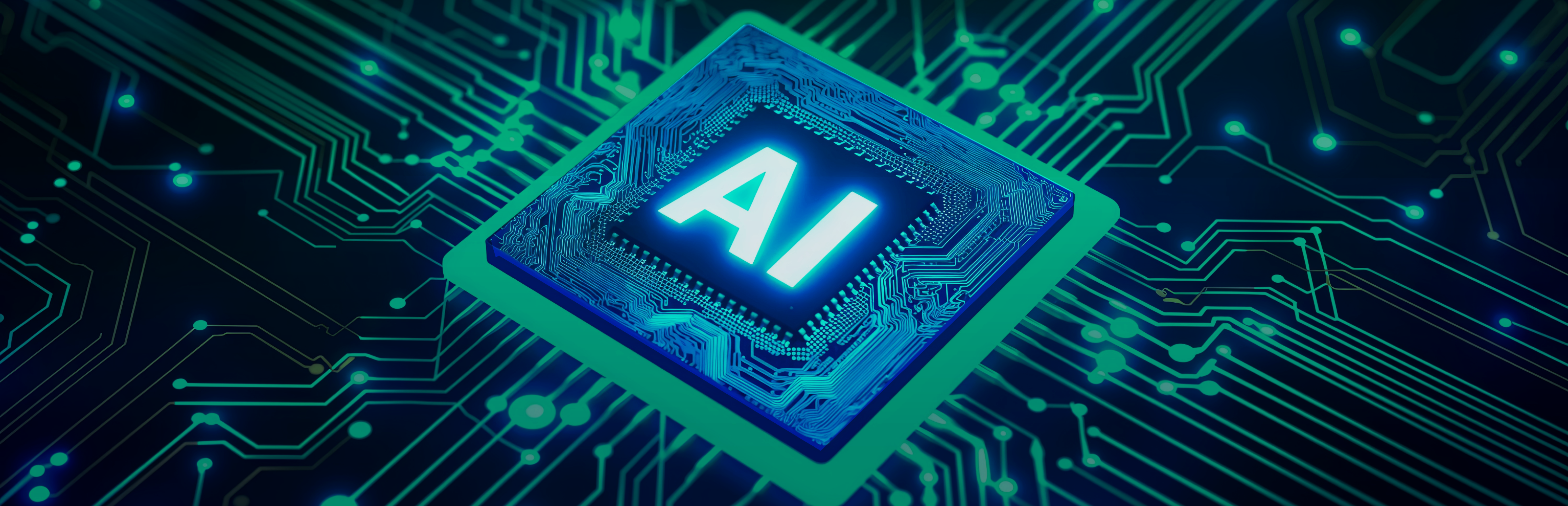 Illustrated image of an advanced CPU AI chip on a green lit circuit board, illuminated with blue lights