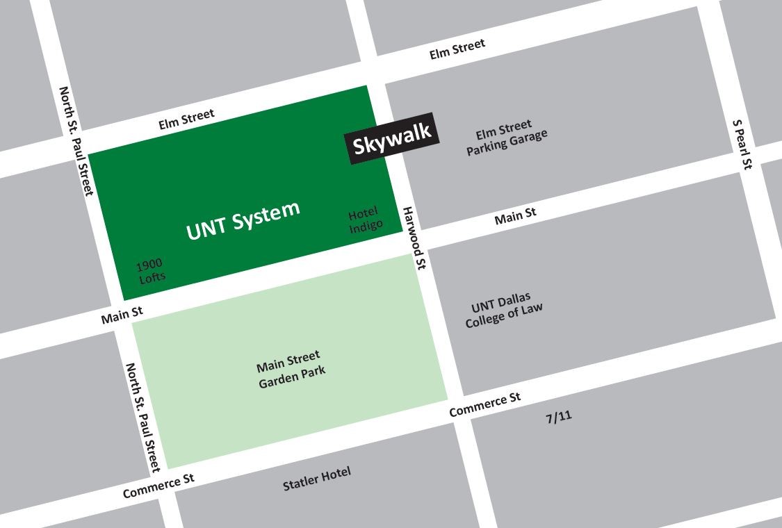 Map of UNT System location and nearby Elm Street Garage