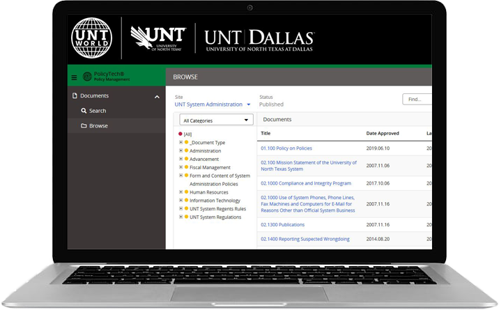 laptop displaying the UNT System PolicyTech webpage